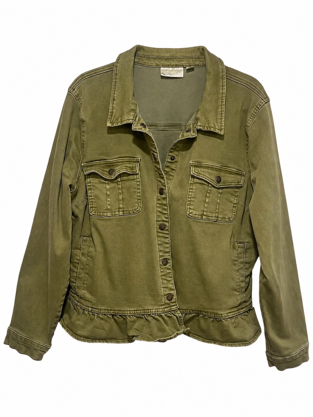 Belle by Kim Gravel BOHO Olive Utility Jacket XL Peplum Ruffle Hem